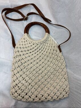 Cream Macramé Tote with Wood Handles and Crossbody